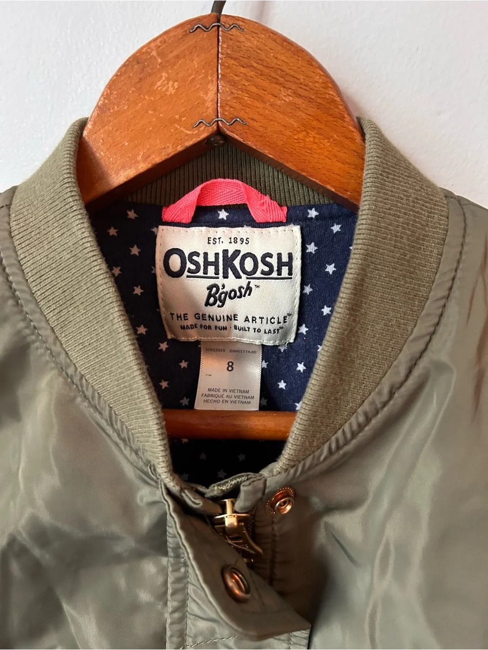 OshKosh B'gosh Girls Bomber Jacket 8 Olive Green Coat Gold Buttons